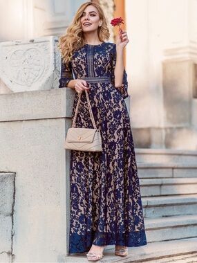 Miss May Lace Maxi Dress Medium Navy / Nude Bell Sleeve Romantic Floral Wedding